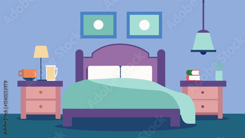 A simplified and clutterfree bedroom with soft bedding and calming colors promoting a peaceful and restful environment for an elderly person with dementia to get a good nights. Vector illustration