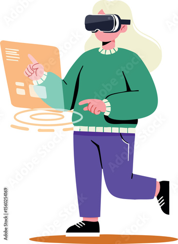 Young woman wearing virtual reality headset interacting with holographic display in casual outfit vector illustration