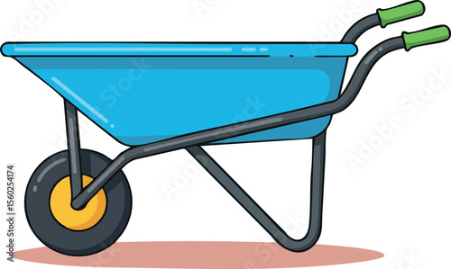 Blue wheelbarrow with green handles and yellow wheel for gardening and construction tasks vector illustration