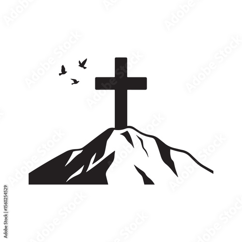 Easter Cross Silhouette on Mountain at Sunrise – Minimal Vector Illustration