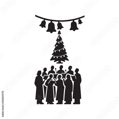Christmas Choir Silhouette with Tree and Bells – Minimal Vector Art

