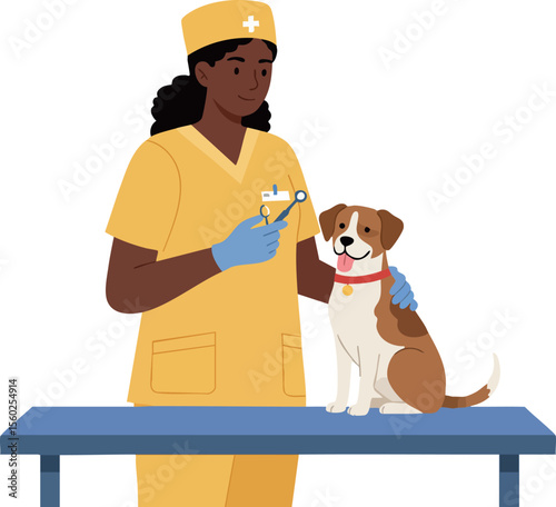 Veterinarian in yellow uniform giving vaccination to dog on examination table in clinic vector illustration