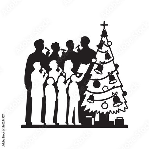 Christmas Choir Silhouette with Tree and Bells – Minimal Vector Art

