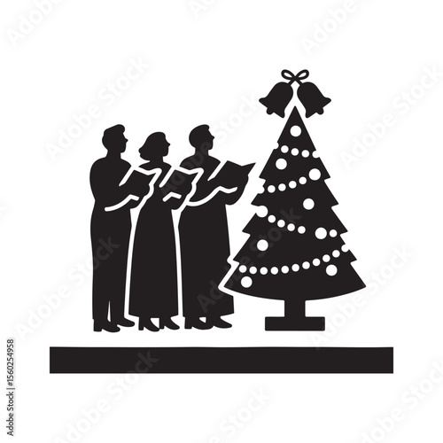 Christmas Choir Silhouette with Tree and Bells – Minimal Vector Art

