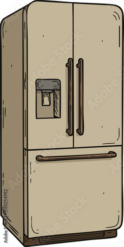 Vintage beige refrigerator with water dispenser and freezer drawer in retro style kitchen appliance vector illustration