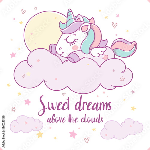 Flat vector illustration of cute baby unicorn sleeping on cloud with moon and stars, pastel colors. 
Nursery illustration with sweet dreams quote