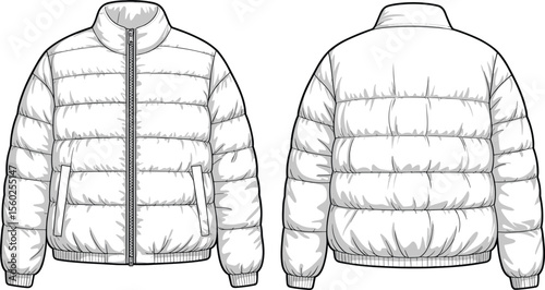Puffer jacket vector CAD flat sketch front and back top view technical template for winter outerwear fashion design stock