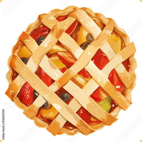 Delicious fruit pie with lattice crust, apple slices, and leaves in a bright watercolor vector illustration. 
Vector illustration of fruit dessert on white background