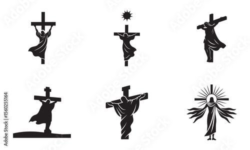 Crucifix with Flowing Shroud and Sun Rays – Christian Silhouette Vector in Black and White 
