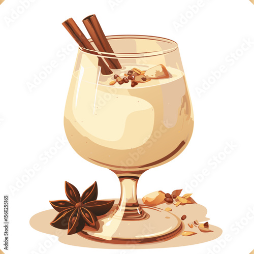 Glass of eggnog with ice cubes, cinnamon stick and star anise, festive holiday drink in vector style on white background. Vector illustration of traditional winter cocktail on white background