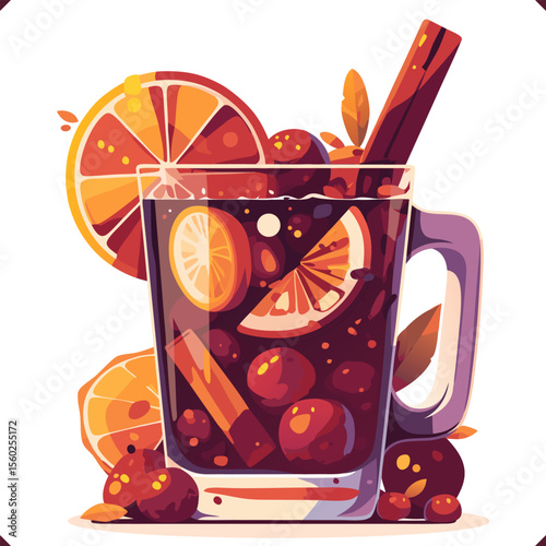 Hot mulled wine with orange slice, cinnamon and spices in festive mug, cozy winter drink vector illustration. Glass of glogg. Vector illustration of Christmas traditional cocktail on white background