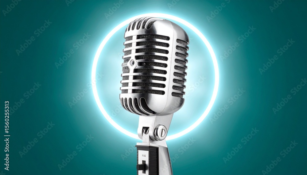 Fototapeta premium Silver Retro Microphone with Glowing Ring Light on Teal Background