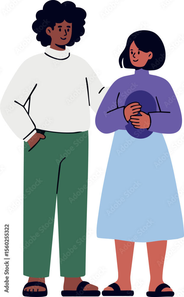Obraz premium Diverse young couple standing together casual outfits friendly interaction modern vector illustration