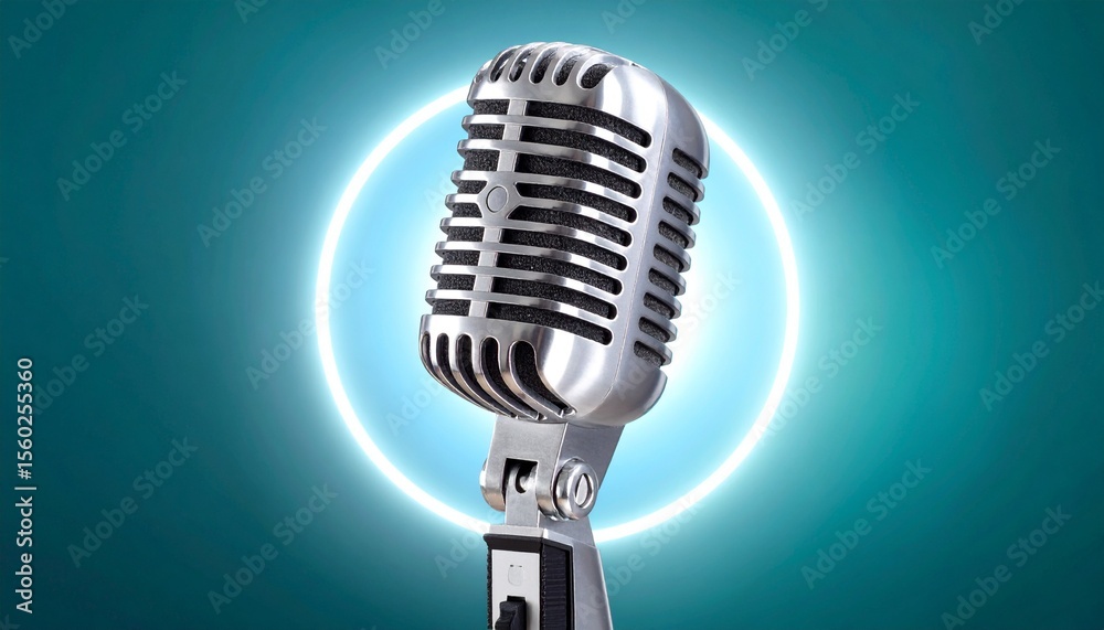 Fototapeta premium Silver Retro Microphone with Glowing Ring Light on Teal Background