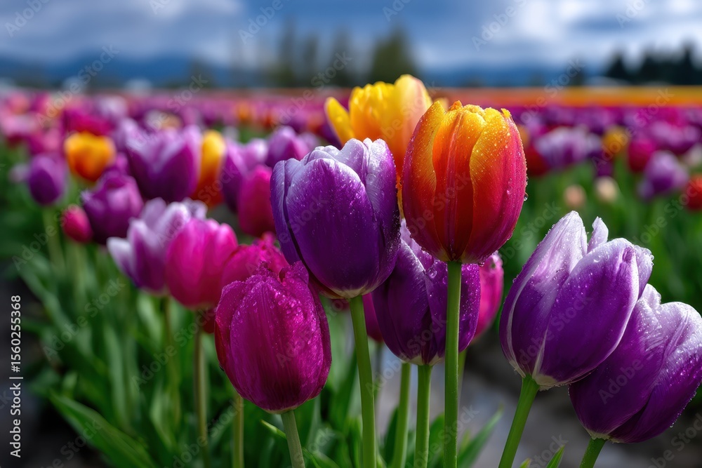 Fototapeta premium Blooming tulip field showcases vibrant colors under a picturesque sky