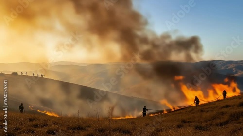 Firefighters tackling intense wildfire on a dry hillside, thick smoke and heat waves visible in golden hour light.