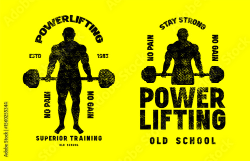 Emblem with powerlifter silhouette. Gym, workout, bodybuilding and athletic  theme. Graphic design with rough texture for t-shirt. Blue print on dark background