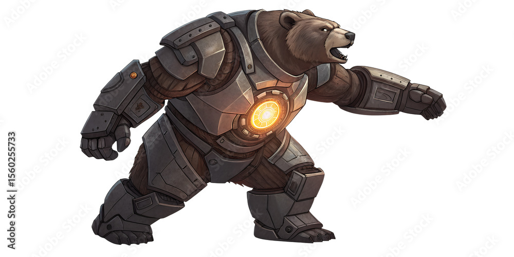 A powerful robotic bear, clad in metallic armor, stands isolated on transparent background A powerful robotic bear, clad in metallic armor, stands isolated on transparent background