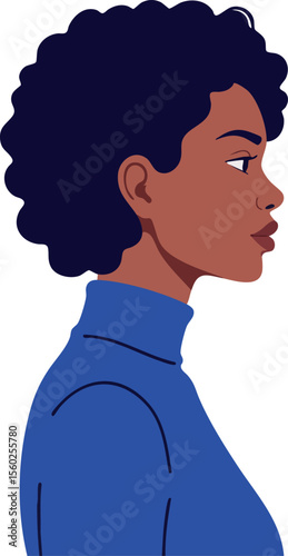 Profile portrait of young woman with afro hairstyle wearing blue turtleneck sweater vector illustration