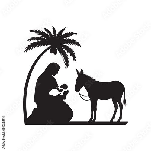 Mary Cradling Infant Jesus Beneath Date Palm with Grazing Donkey – Nativity Silhouette Vector in Black and White