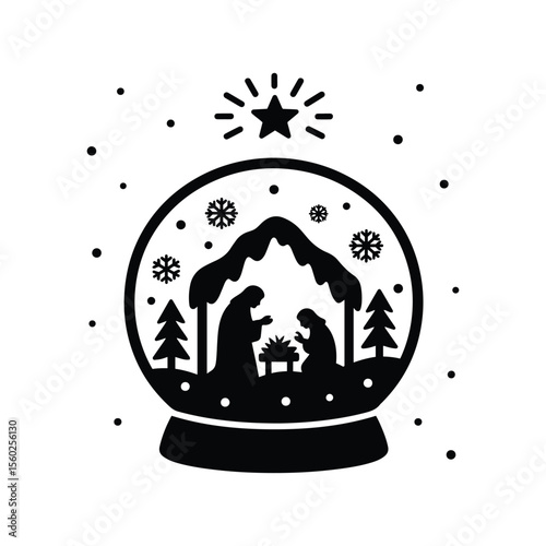 Nativity Scene Inside Snow Globe with Snowflakes and Starburst – Silhouette Vector in Black and White