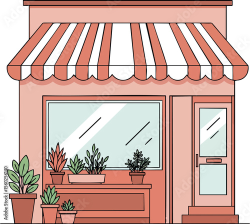 Small flower shop storefront with striped awning and multiple potted plants in cozy urban setting vector illustration