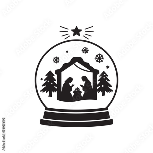 Nativity Scene Inside Snow Globe with Snowflakes and Starburst – Silhouette Vector in Black and White