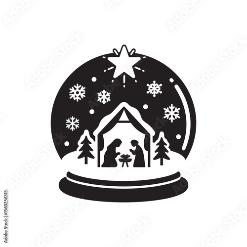 Nativity Scene Inside Snow Globe with Snowflakes and Starburst – Silhouette Vector in Black and White