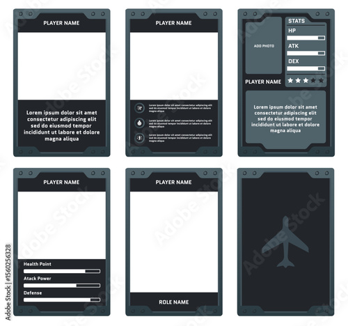 complete game card template with air force military theme and gray and black color combination, for ui game, trading card game, and player collection card purposes. available with eps 10 file