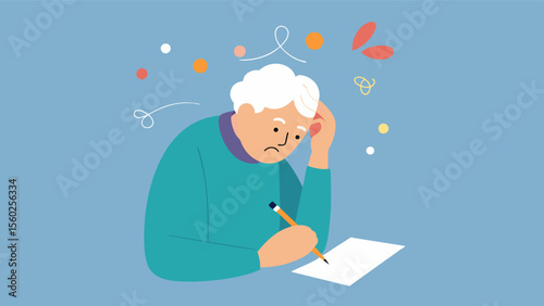 A notepad is filled with scribbles and doodles as an elderly person tries to write down their thoughts and ideas. However they struggle to remember the connections between their. Vector illustration