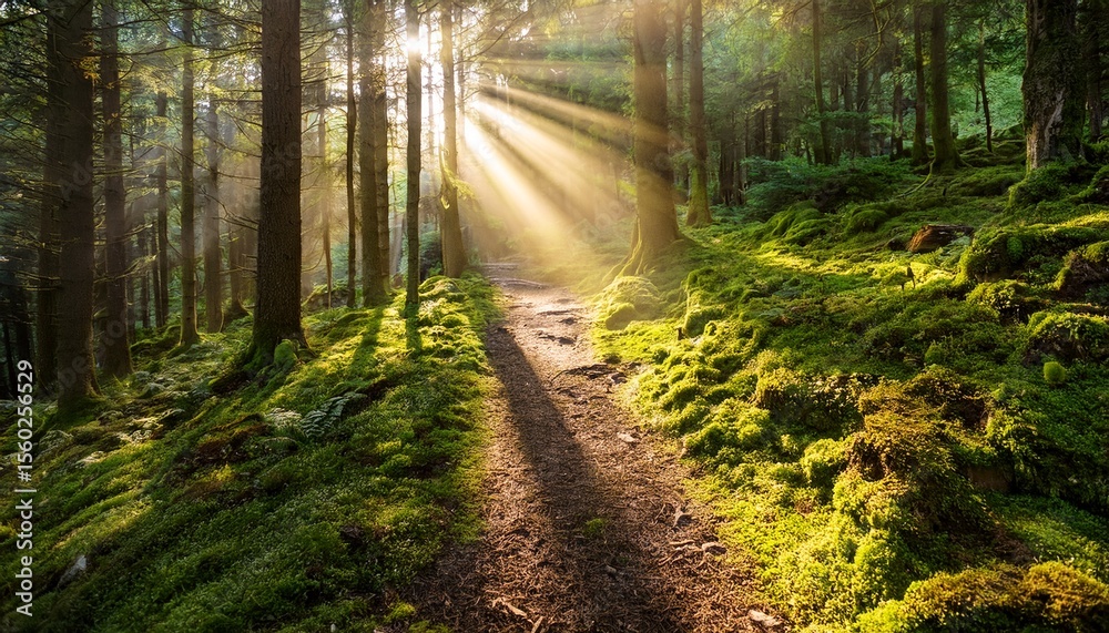 Obraz premium sunbeams illuminate a mossy forest path