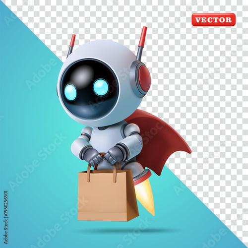Cute flying robot carrying shopping bags, 3d vector. Suitable for technology and business