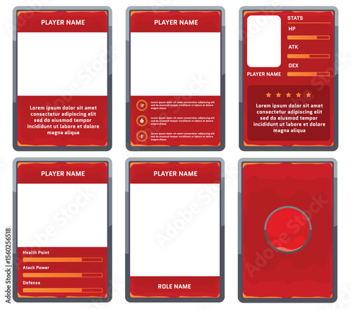 complete game card template with outdated card theme and red and orange color combination, for ui game, trading card game, and player collection card purposes. available with eps 10 files