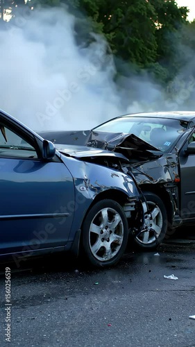 Devastating car accident scene showing extensive damage and smoke after collision