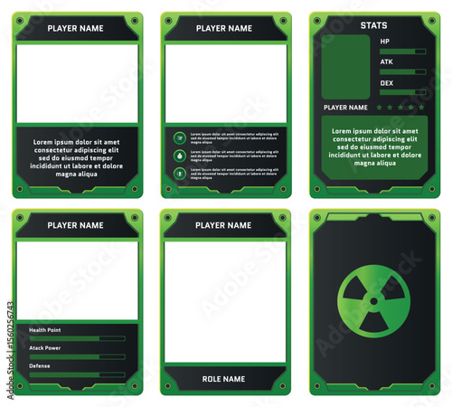 Complete game card template with radiation poison gas theme and green color combination, for ui game, trading card game, and player collection card purposes. available with eps 10 file.