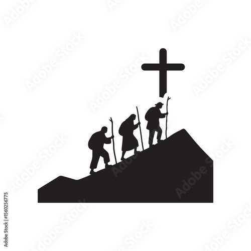 Pilgrims Climbing Mountain with Cross-Shaped Clouds – Faith Journey Silhouette Vector in Black and White
