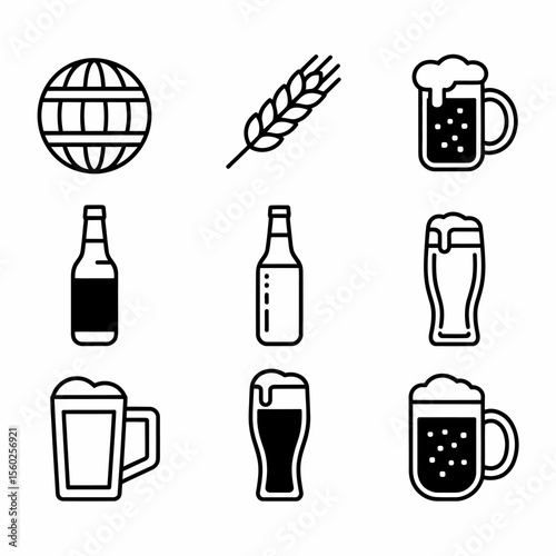 Beer and Beverage Icons. Glass, Bottle, Barrel, Wheat