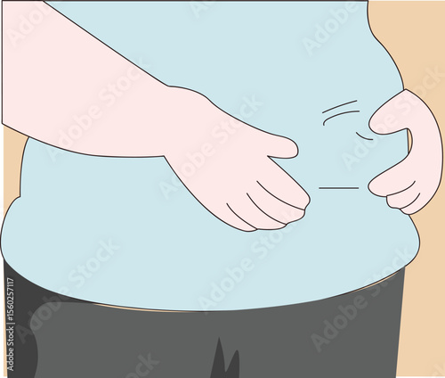 hands holding fat stomach. Fat body, abdomen, fat belly. The hand holds the fat fold on the abdomen.