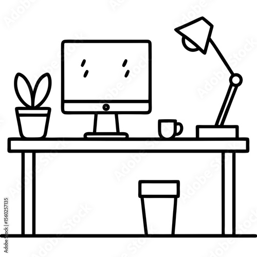 A minimalist desk with dual monitors, a coffee cup, a lamp, a potted plant, and a keyboard. Bright and productive mood.