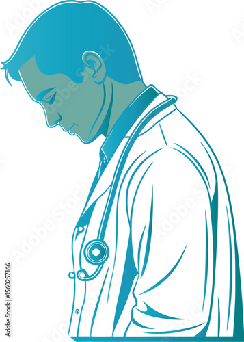 Doctor wearing stethoscope and lab coat looking down medical healthcare