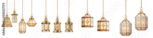 Moroccan Pendant Lights: Gold Metal Lanterns Collection on White Background