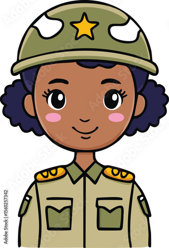 Cartoon illustration of a smiling woman wearing a military uniform and helmet with a star.