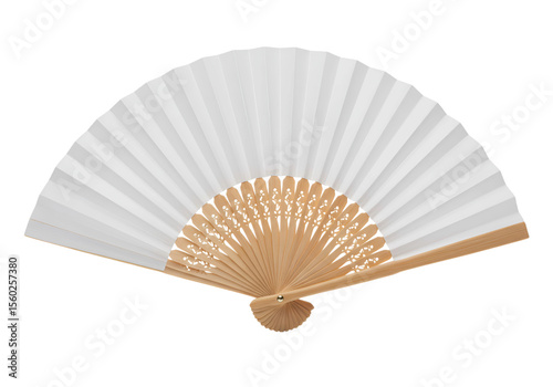 Elegant open hand fan with white paper and light wooden frame against a solid black backdrop providing simplicity.