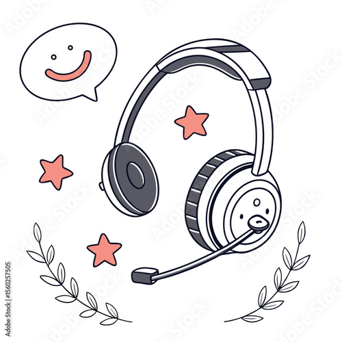 Illustration of a headset with a microphone, speech bubble, stars, and laurel branches on a white background
