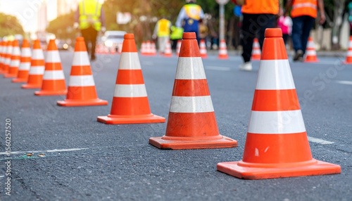 A row of orange and white traffic cones guiding pedestrians and workers on the street, ensuring safety and direction.