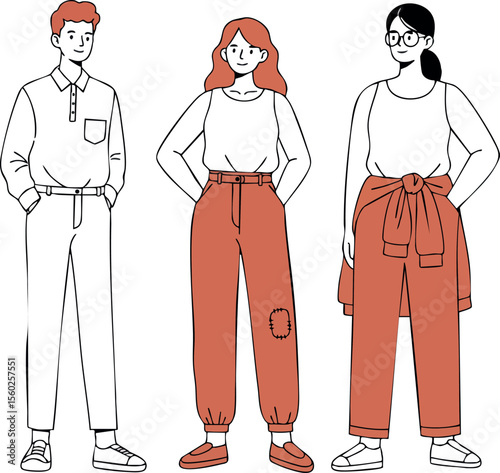 Young redhead and brunette men and women wearing stylish casual pants in orange and white vector illustration