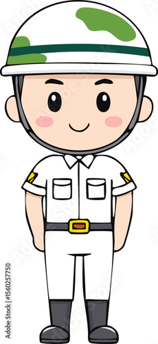 A cute cartoon illustration of a young worker wearing a white uniform and helmet.