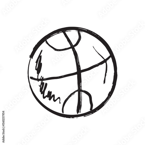 Basketball ball design in black brush stroke texture isolated on white. Hand drawn vector sketch illustration in vintage charcoal ink. School sport concept, sport equipment, american college.