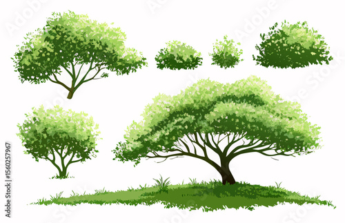 Collection of Lush Green Trees and Bushes: Digital Painting Illustrations