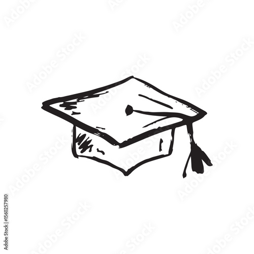 Graduate's cap design in black brush stroke texture isolated on white. Hand drawn vector sketch illustration in vintage charcoal ink. Graduation cap as a symbol of knowledge in school, concept